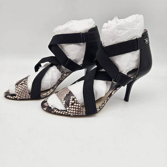 Michael Michael Kors Wendy Mid Sandals Womens Size 7.5 Black Snake Leather Heels - Picture 1 of 15